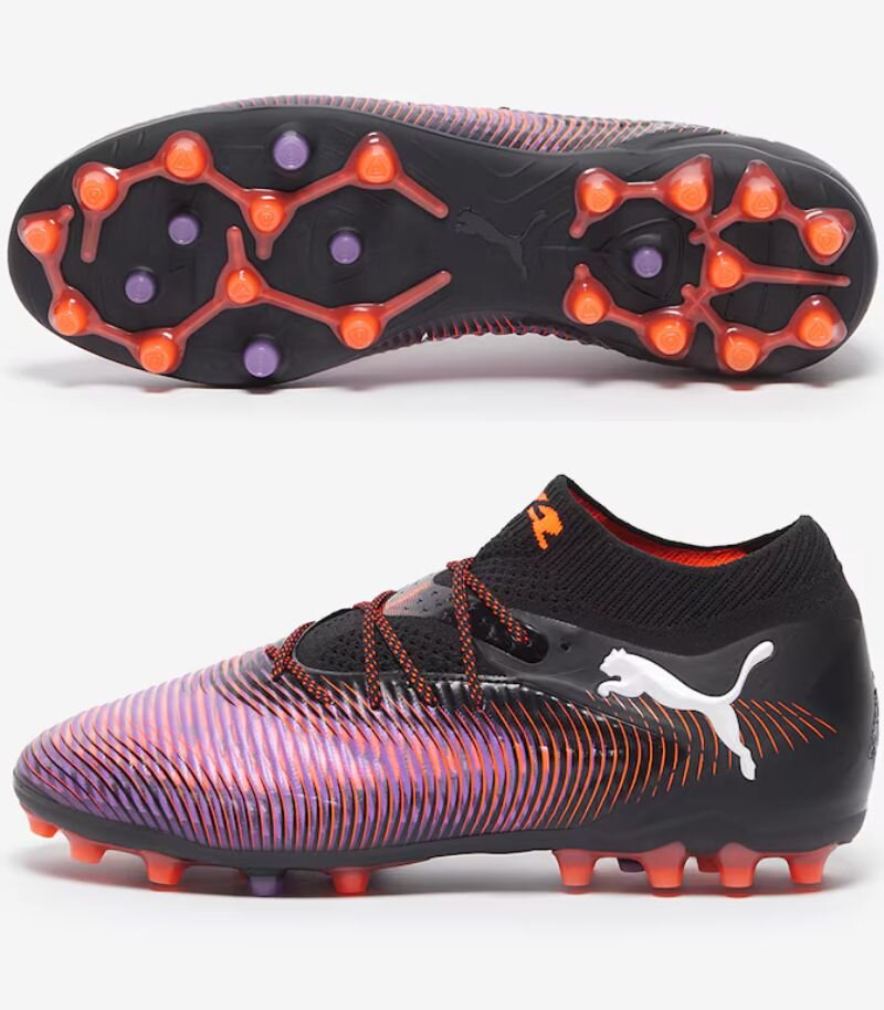 puma future ultimate football boots in orange and purple, with mixed ground sole 